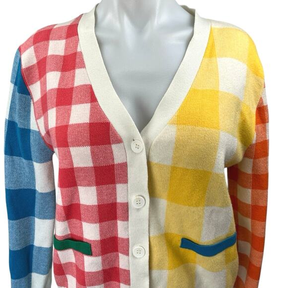 English Factory Multicolor Gingham Check Colorblock Cardigan Sweater Top Sz S - Picture 3 of 5